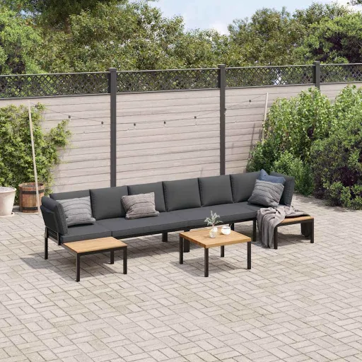 Conjunto de Sofás p/ Jardim c/ Almofadões Alumínio Preto (5 pcs)