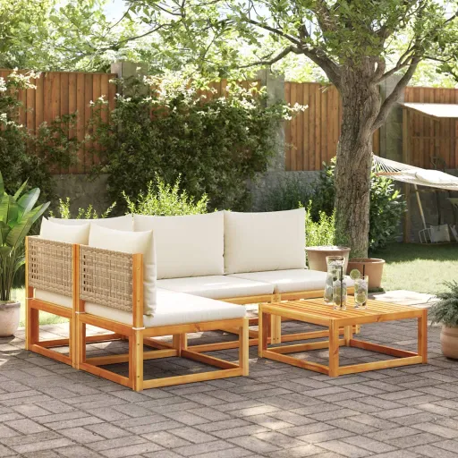 Conjunto de Sofás de Jardim  de 5 Peças com Almofadas de Madeira de Acácia e Vime