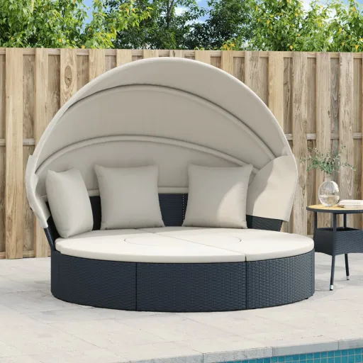 Cama Lounge de Exterior c/ Toldo e Almofadões Vime PE Preto