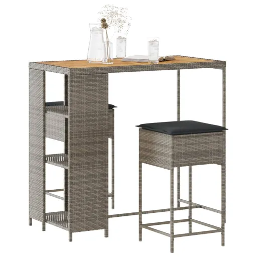 Conjunto de Bar p/ Jardim c/ Almofadões Vime PE Cinzento (3 pcs)