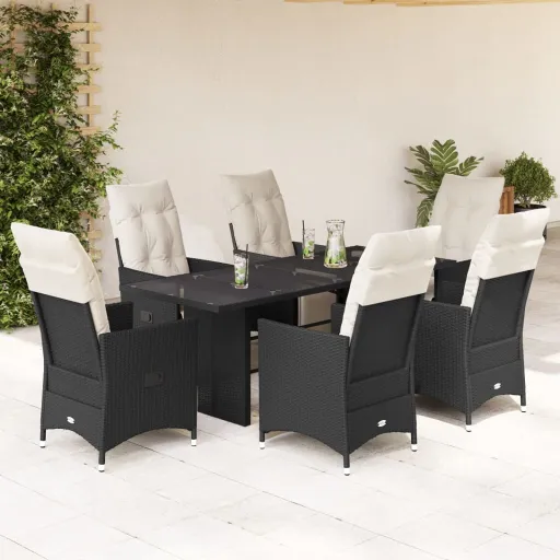 Conjunto de Jantar p/ Jardim c/ Almofadões Vime PE Preto (7 pcs)