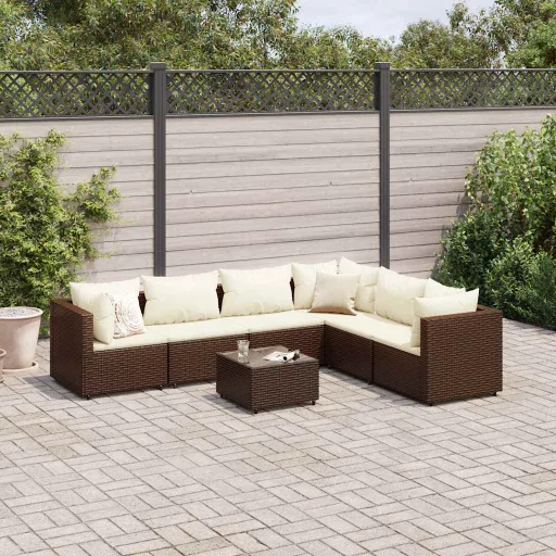 Conjunto Lounge de Jardim c/ Almofadões Vime PE Castanho (7 pcs)