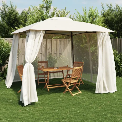 Gazebo com Teto Duplo e Paredes de Malha 2,93x2,93 m Aço Creme