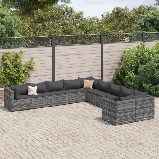 Conjunto Sofás de Jardim c/ Almofadões Vime PE Cinzento (10 pcs)