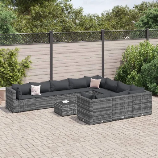 Conjunto Sofás de Jardim c/ Almofadões Vime PE Cinzento (11 pcs)