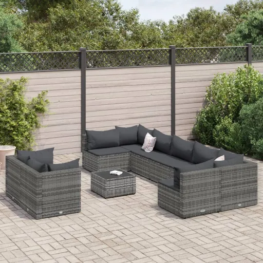 Conjunto Sofás de Jardim c/ Almofadões Vime PE Cinzento (10 pcs)