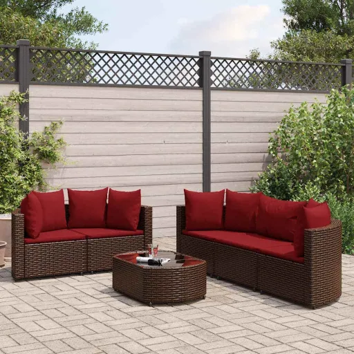 Conjunto de Sofás Jardim c/ Almofadões Vime PE Castanho (6 pcs)