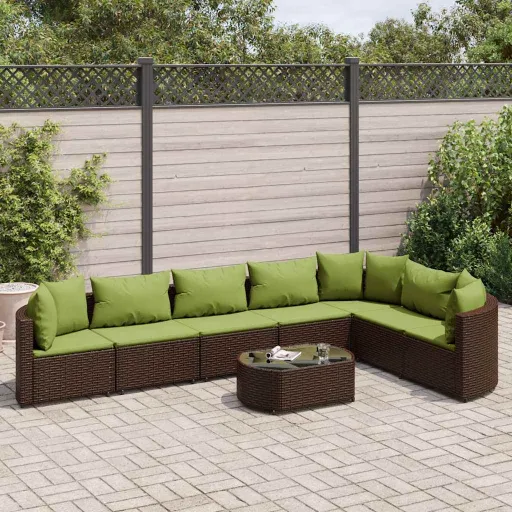 Conjunto Sofás de Jardim c/ Almofadões Vime PE Castanho (8 pcs)