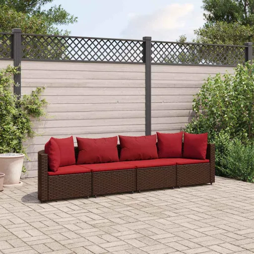 Conjunto Sofás de Jardim c/ Almofadões Vime PE Castanho (4 pcs)