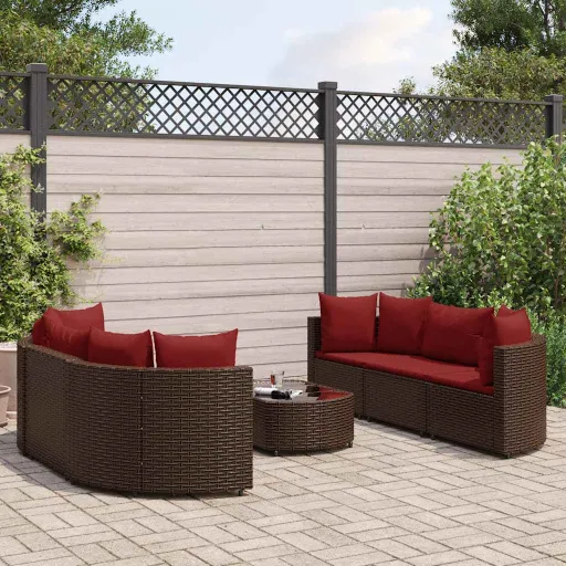 Conjunto de Sofás Jardim c/ Almofadões Vime PE Castanho (7 pcs)