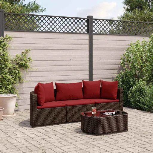 Conjunto Sofás de Jardim c/ Almofadões Vime PE Castanho (4 pcs)