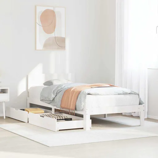 Estrutura de Cama com Gavetas 90x190 cm Pinho Maciço Branco