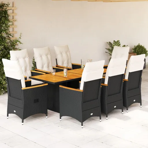 Conjunto de Jantar p/ Jardim c/ Almofadões Vime PE Preto (9 pcs)