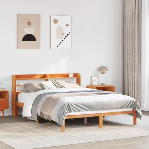 Estrutura Cama c/ Cabeceira 160x200cm Pinho Maciço Castanho-Mel