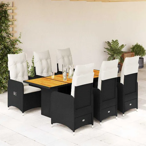 Conjunto de Bistrô p/ Jardim c/ Almofadões Vime PE Preto (7 pcs)