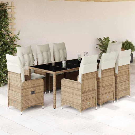 Conjunto de Bistrô para Jardim c/ Almofadões Vime PE Bege (9 pcs)