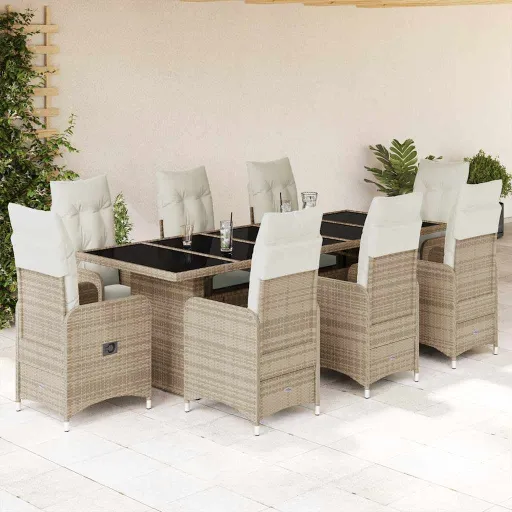 Conjunto de Bistrô para Jardim c/ Almofadões Vime PE Bege (9 pcs)
