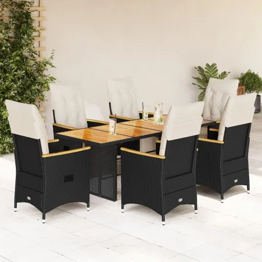 Conjunto de Bistrô p/ Jardim c/ Almofadões Vime PE Preto (7 pcs)
