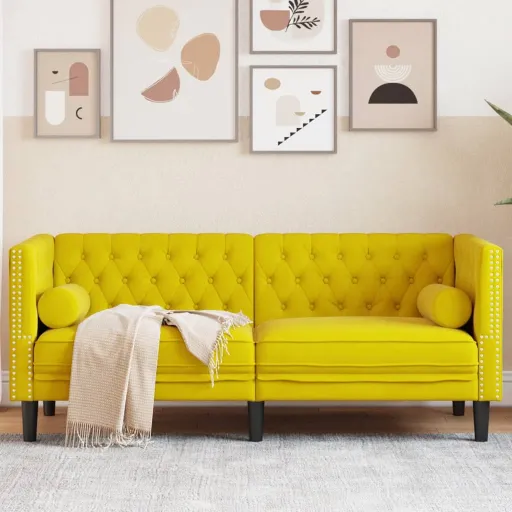 Sofá Chesterfield com Rolos 2 Lugares Veludo Amarelo