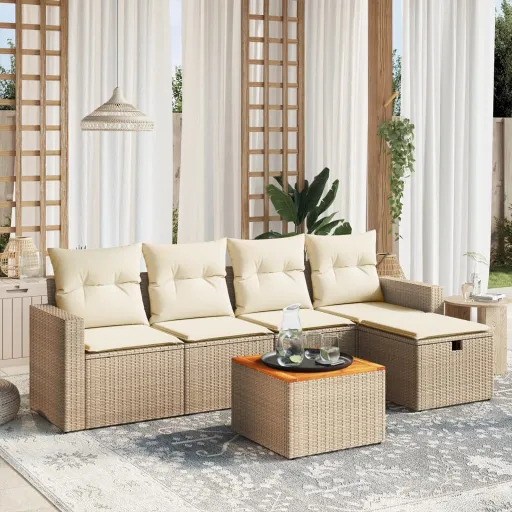 Conjunto de Sofás p/ Jardim com Almofadões Vime PE Bege (6 pcs)
