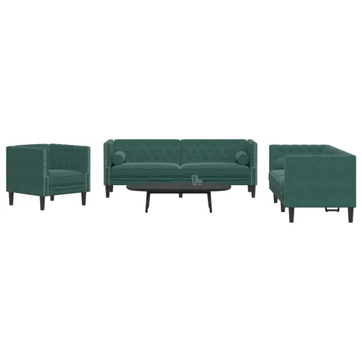 Conj. de Sofás Chesterfield com Rolos Veludo Verde-Escuro (3 pcs)