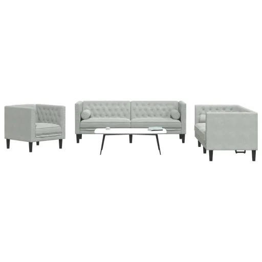 Conj. de Sofás Chesterfield com Rolos Veludo Cinza-Claro (3 pcs)