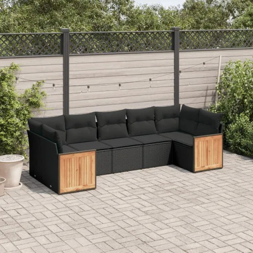 Conjunto de Sofás p/ Jardim c/ Almofadões Vime PE Preto (7 pcs)