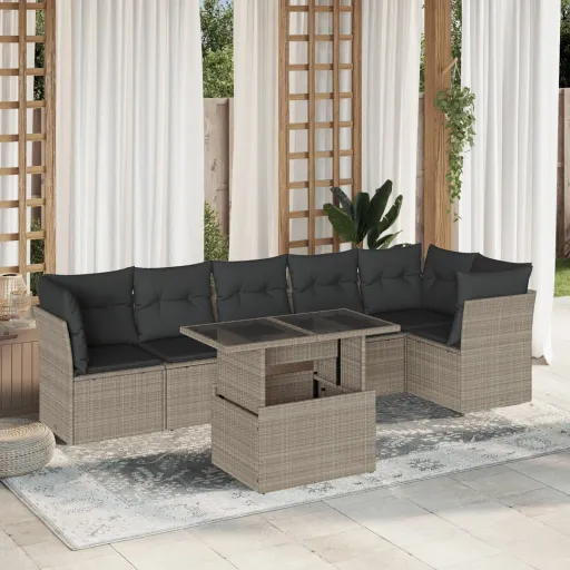 Conj. Sofás Jardim com Almofadões Vime PE Cinzento-Claro (7 pcs)
