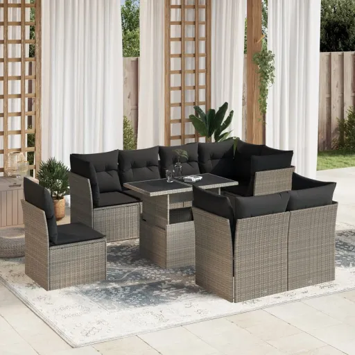 Conj. Sofás Jardim com Almofadões Vime PE Cinzento-Claro (9 pcs)