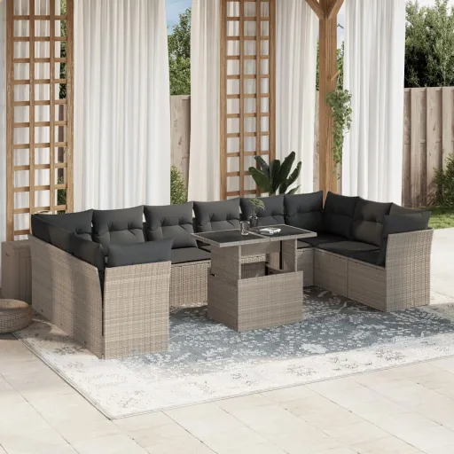 Conjunto Sofás de Jardim c/ Almofadões Vime PE Cinzento (11 pcs)