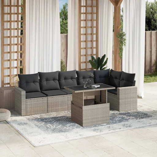 Conj. Sofás Jardim com Almofadões Vime PE Cinzento-Claro (7 pcs)