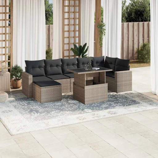 Conj. Sofás Jardim c/ Almofadões Vime PE Cinzento-Claro (8 pcs)
