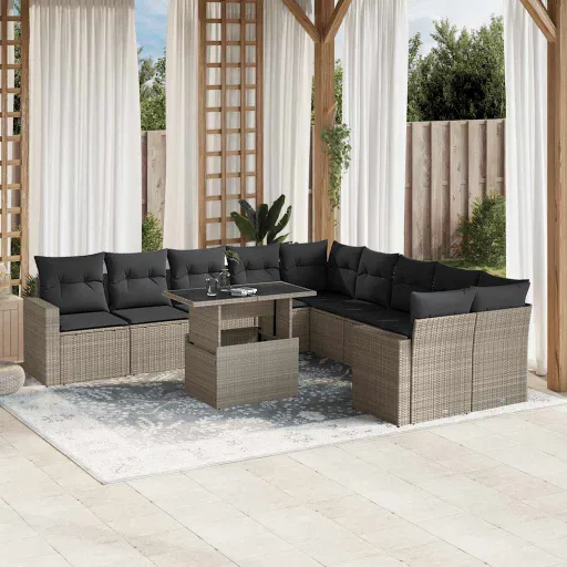 Conjunto Sofás de Jardim c/ Almofadões Vime PE Cinzento (11 pcs)