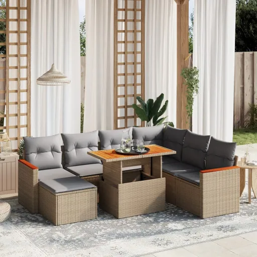 Conjunto de Sofás p/ Jardim com Almofadões Vime PE Bege (8 pcs)