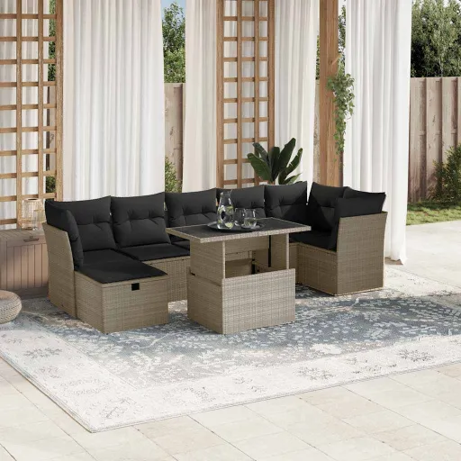 Conj. Sofás Jardim c/ Almofadões Vime PE Cinzento-Claro (8 pcs)