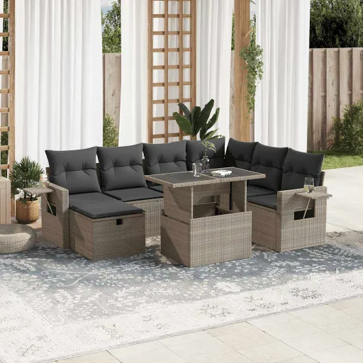Conj. Sofás Jardim c/ Almofadões Vime PE Cinzento-Claro (8 pcs)