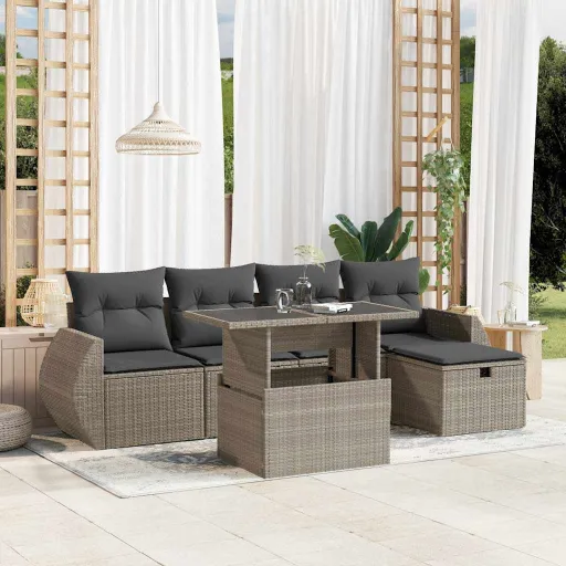 Conj. Sofás Jardim com Almofadões Vime PE Cinzento-Claro (6 pcs)