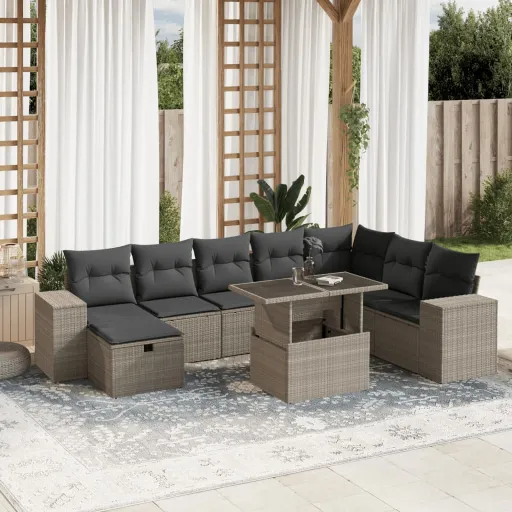 Conj. Sofás Jardim com Almofadões Vime PE Cinzento-Claro (9 pcs)