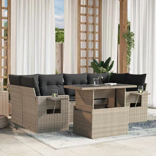 Conj. Sofás Jardim com Almofadões Vime PE Cinzento-Claro (7 pcs)