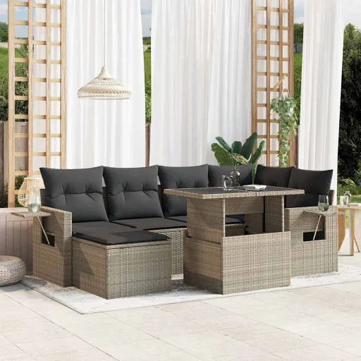 Conj. Sofás Jardim com Almofadões Vime PE Cinzento-Claro (7 pcs)