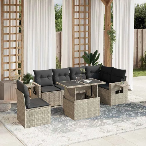 Conj. Sofás Jardim com Almofadões Vime PE Cinzento-Claro (7 pcs)