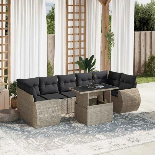 Conj. Sofás Jardim c/ Almofadões Vime PE Cinzento-Claro (8 pcs)