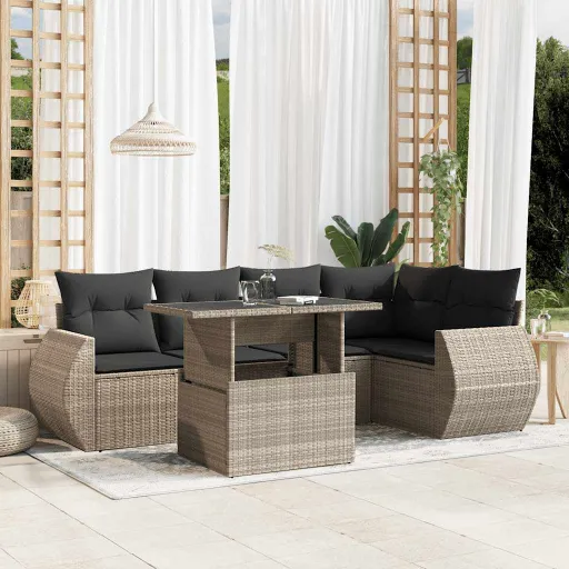 Conj. Sofás Jardim com Almofadões Vime PE Cinzento-Claro (6 pcs)