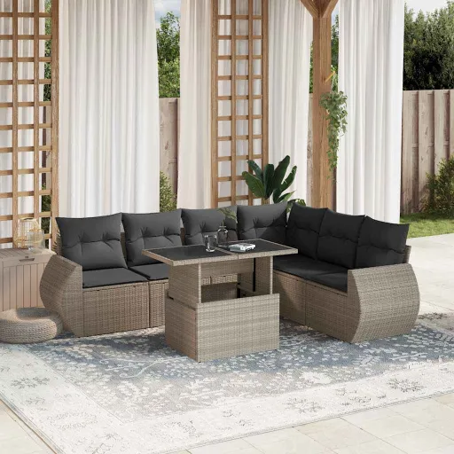 Conj. Sofás Jardim com Almofadões Vime PE Cinzento-Claro (7 pcs)