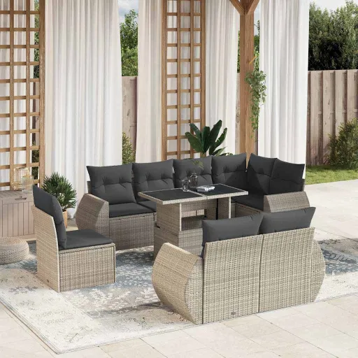 Conj. Sofás Jardim com Almofadões Vime PE Cinzento-Claro (9 pcs)