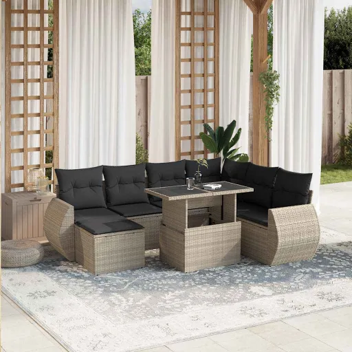 Conj. Sofás Jardim c/ Almofadões Vime PE Cinzento-Claro (8 pcs)