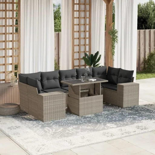 Conj. Sofás Jardim c/ Almofadões Vime PE Cinzento-Claro (8 pcs)