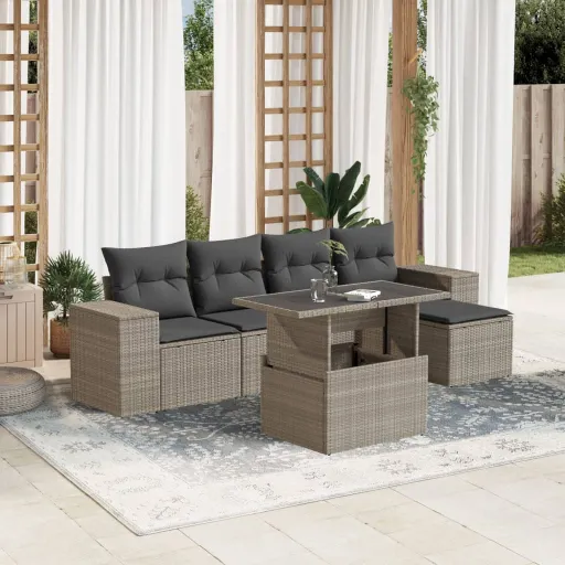 Conj. Sofás Jardim com Almofadões Vime PE Cinzento-Claro (6 pcs)