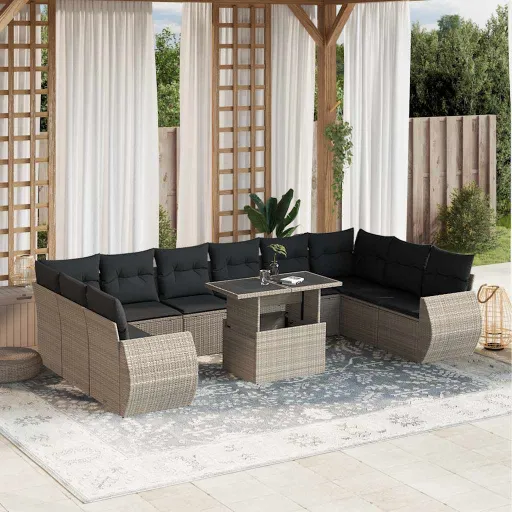 Conjunto Sofás de Jardim c/ Almofadões Vime PE Cinzento (11 pcs)
