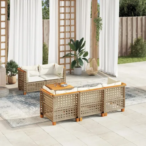 Conjunto de Sofás p/ Jardim com Almofadões Vime PE Bege (6 pcs)